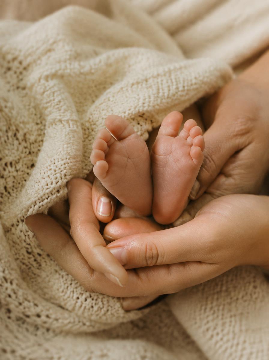 Babyfüße in den Händen der Eltern